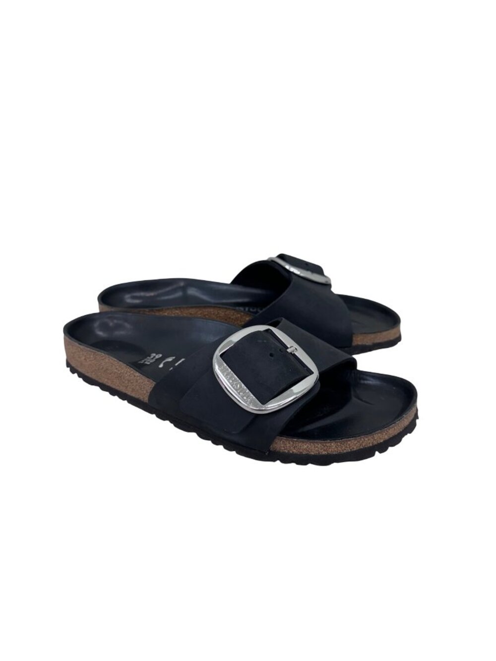 Birkenstock Madrid Silver Big Buckle Black Slide Cork Sandals Womens sz 39 US 8